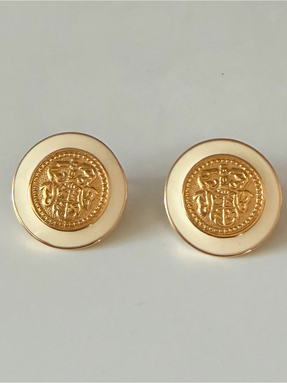 Monet Noble Gold Coin Design Earrings with Cream Enamel Border